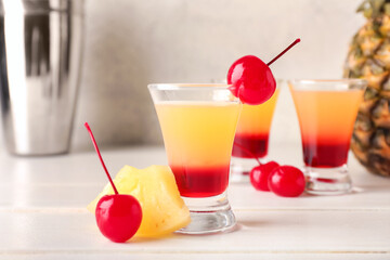 Tasty Pineapple Upside Down Cake Shot on light background, closeup