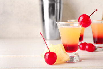 Tasty Pineapple Upside Down Cake Shot on light background, closeup