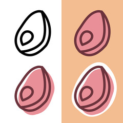 Set of doodle hand drawn avocado icons on the white and pink colors on the peach and white background for web, stickers and design