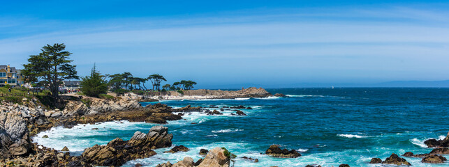 Panoramic scenic view of Monterey Bay coastline toward Lover's Point Beach in Pacific Grove,...