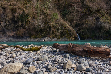 Two snags lie on the bank of a mountain river. On the other side of the mountain slope overgrown with forest. A small waterfall flows down from the mountain.