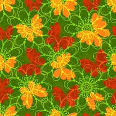Keuken spatwand met foto Autumn seamless pattern with yellow and red translucent butterflies on a green background with vintage flowers. Vector © Olga Drozdova