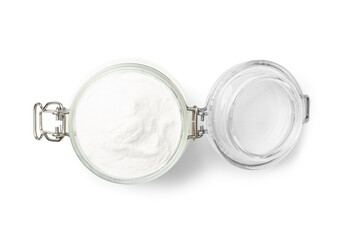 Jar of baking soda on white background