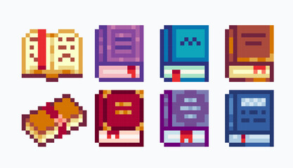 Different books pixel art set. Fantasy tome, folio collection. Open, closed textbooks. 8 bit sprite. Game development, mobile app.  Isolated vector illustration. - obrazy, fototapety, plakaty