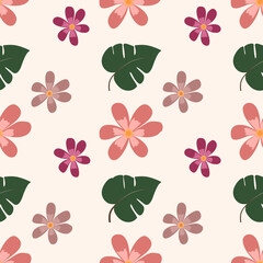 seamless floral pattern background, pink and violet flower on ivory (cream) color background
