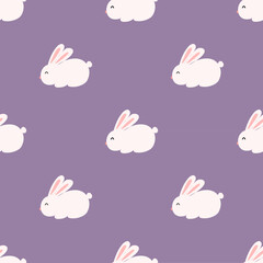 cute rabbits on purple background, seamless pattern for decoration.