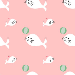 seamless pattern of seals and balls on pink background