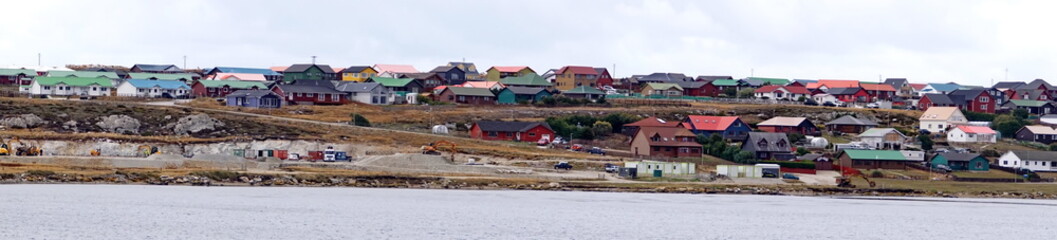 Panorama of the town of Stanley, Falkland Islands, on a hill above the harbor