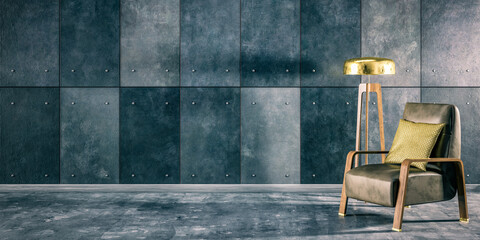 Armchair With a Lamp at Wall Paneling & Grounge Concret Floor - Copy Space Background