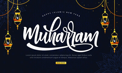 happy muharram lettering background vector design