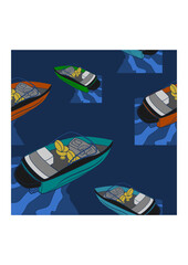Editable Top Back Oblique View American Bowrider Boats in Various Colors on Water Vector Illustration as Seamless Pattern for Creating Background of Transportation or Recreation Related Design