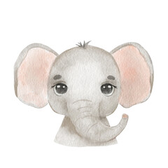 Cute portrait elephant head in cartoon style. Drawing african baby wild elephant face isolated on white background. Watercolor sweet leopard for kids poster and card.