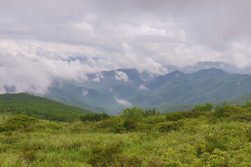 Mountain hikers covered in mist in Korea