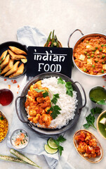 Indian food assortment on light background.