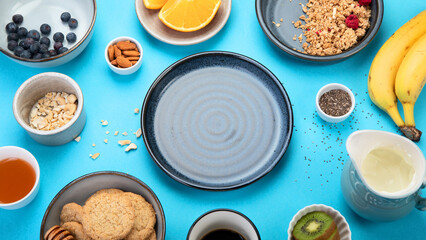 Healthy breakfast on colourfull background.