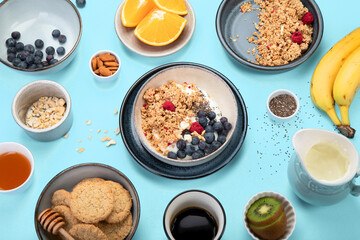Healthy breakfast on colourfull background.