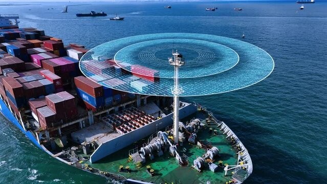 Futuristic technolog scanning wave wireless 5G at ship signal mast of cargo container ship with smart circle line technology and WIFI technology,large ship carrying cargo, Futuristic WIFI logistic 