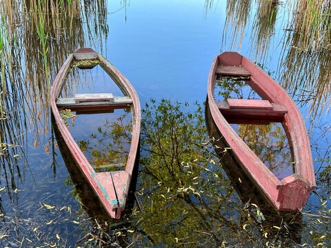 Beautiful river with old boats on the shore. Scenic reflection of trees and reed in clear calm water. Wonderful summer nature. Submerged wooden boat. Sunken boats on the river in the reeds.