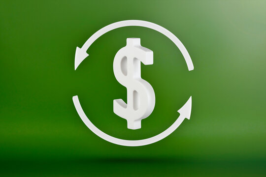 Dollar recycling. Currency exchange, US dollar exchange rate. Arrows around the dollar icon. 3D image on a green background.