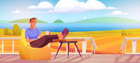 Man with coffee cup relax at outdoor home terrace with beautiful nature landscape autumn field and pond view. Male character rest at wooden farm or ranch patio with porch, Cartoon vector illustration