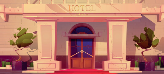 Luxury hotel facade, house building exterior of white brick, marble columns, red carpet at arched wooden door with trees in pots at front yard, hospitality, accommodation Cartoon vector illustration - obrazy, fototapety, plakaty