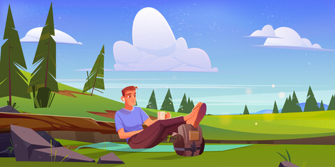 Man relax sitting on mat on green meadow. Vector cartoon illustration of summer rural landscape with coniferous trees, grass and happy person with earbuds, cup and backpack