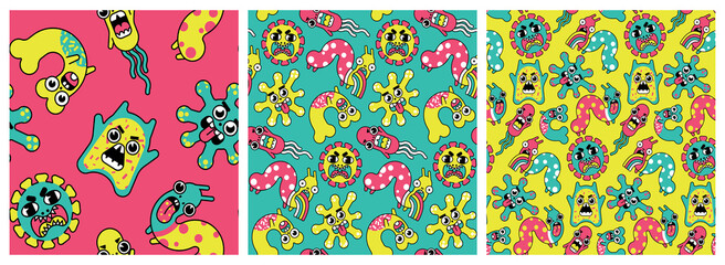 Fototapeta na wymiar Cute prints with cartoon bacteria in the set. Seamless pattern with characters of microbes, funny monsters in bright outline style. Vector illustration.