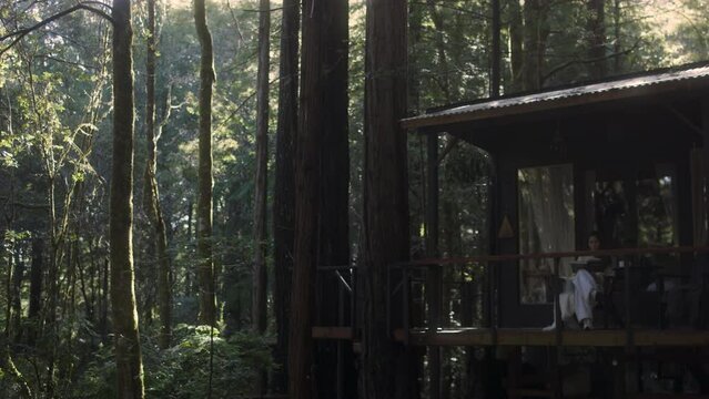 Young woman reading a book and drinking hot tea on a porch of a cozy cabin in the woods. Log cabin in the middle of woods sunny wooden bright mountain cabin rustic house architecture. 