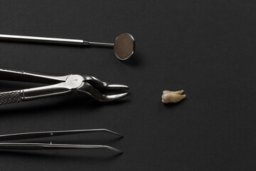 Set of metal dental instruments for teeth dental care