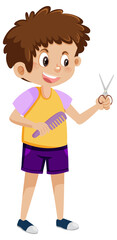 A boy holding haircut tools kit