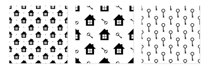 Set, collection of three vector seamless pattern backgrounds with house and keys.
- 502508895