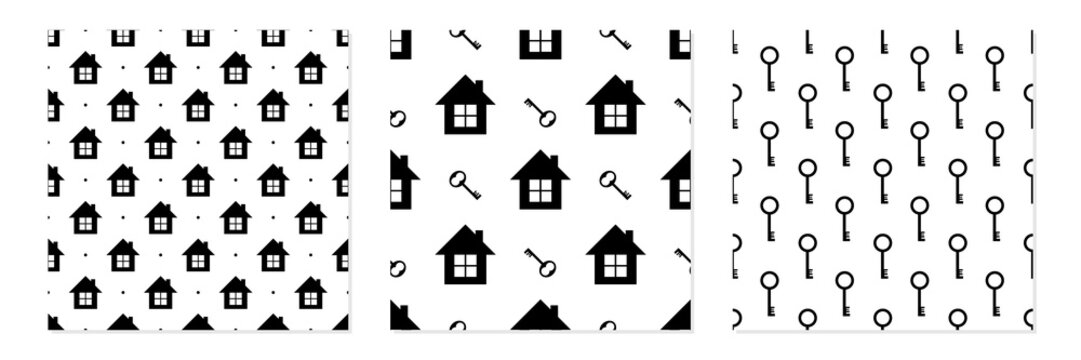 Set, collection of three vector seamless pattern backgrounds with house and keys.
