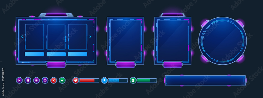 Poster game frames and buttons in sci fi style. menu, game assets and design elements for user interface. v