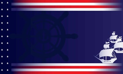 Columbus Day Background with Silhouette of Ship, Steer Wheel and Copy Space Area