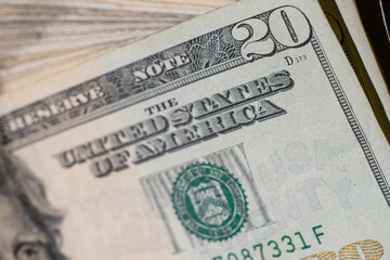 corner of banknote of stack of twenty dollars, close up, front side