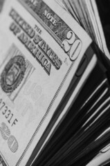 stack of twenty dollars banknotes, close up, front side