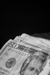 stack of twenty dollars banknotes, close up, front side