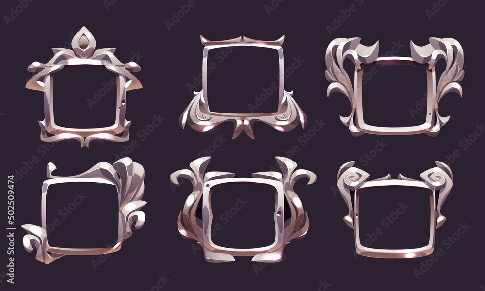 Poster square ui game frames, medieval silver borders. textured ornate gui elements with curve decorated ri