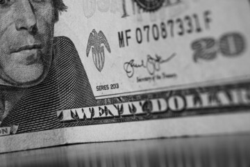 front side of twenty US dollars banknote, front side, close up