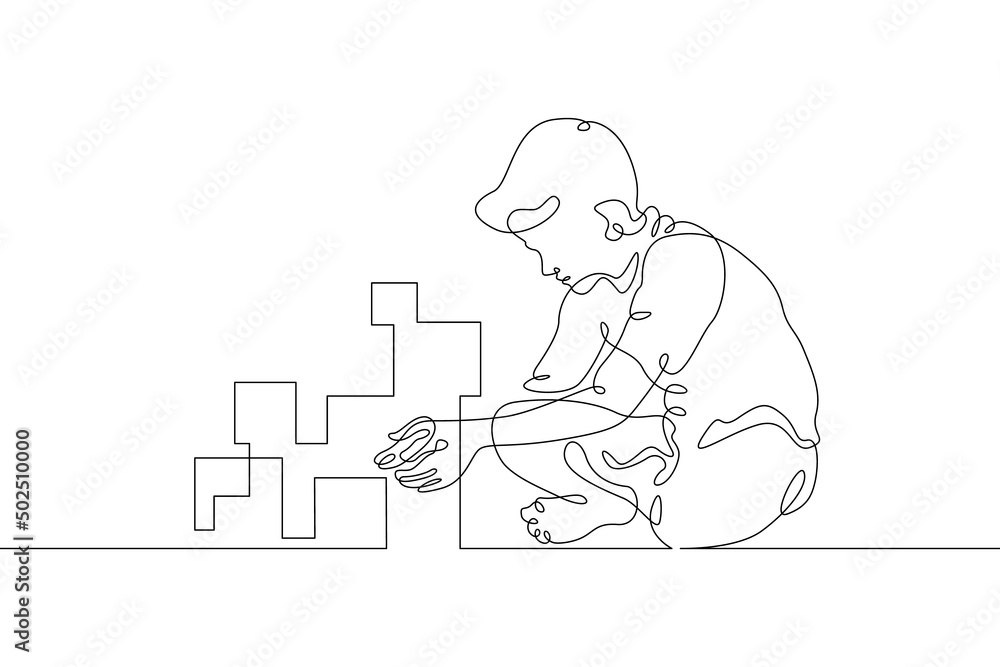 Poster one continuous line.kids games. a small child plays with blocks. educational games for children. tod