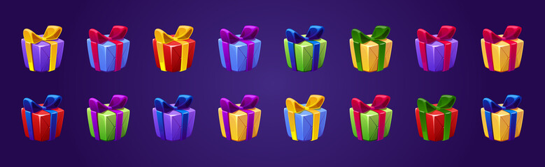 Gift boxes presents in colorful wrapping paper and bows. Bonus, award, birthday, Christmas, Valentine, New Year celebration isolated game assets, gui or ui graphics design elements, Cartoon vector set - obrazy, fototapety, plakaty