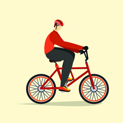 Fototapeta na wymiar Young boy with helmet using bicycle on city street. World bicycle day. Colored flat graphic vector illustration isolated.