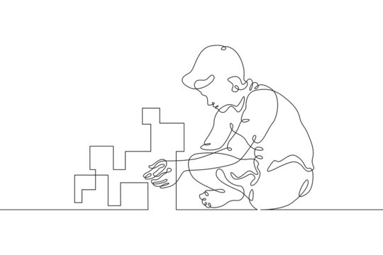 One continuous line.Kids games. A small child plays with blocks. Educational games for children. Toddler games.One continuous line drawn isolated, white background.