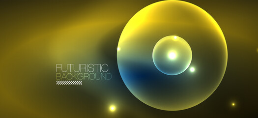 Shiny neon geometric abstract background. Glowing lights on round shapes, triangles and circles. Wallpaper for concept of AI technology, blockchain, communication, 5G, science, business