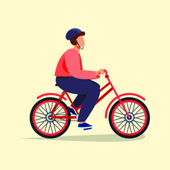 Naklejka premium Man with helmet riding bicycle on city street. World bicycle day. Colored flat graphic vector illustration isolated.