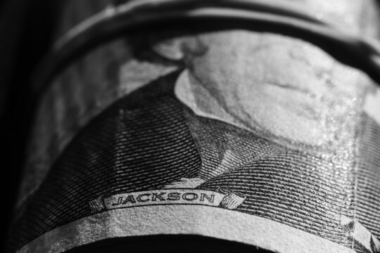 president jackson box logo closeup of one twenty dollars banknote