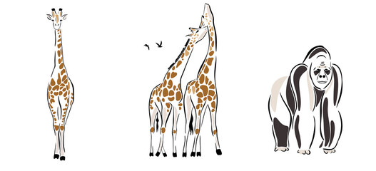 Savanna wild animals set. Abstract African animal. Giraffe, gorilla silhouette. Vector Illustration © Viktoria