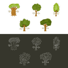 Illustrations of abstract deciduous trees with wings in hand-drawn and lines styles, vector collection. Silhouettes of trees in hand-drawn lines, black-and-white and colored set.