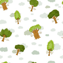 Hand-drawn deciduous trees with wings and green treetop are flying in the sky among the clouds like birds, seamless vector pattern. Surreal background with flying trees.