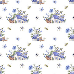 Rustic watercolor pattern with cute hand drawn houses, flowers, berries and butterflies. Seamless background with cute illustrations for home and garden textiles, fabrics, wrapping paper, wallpapers.